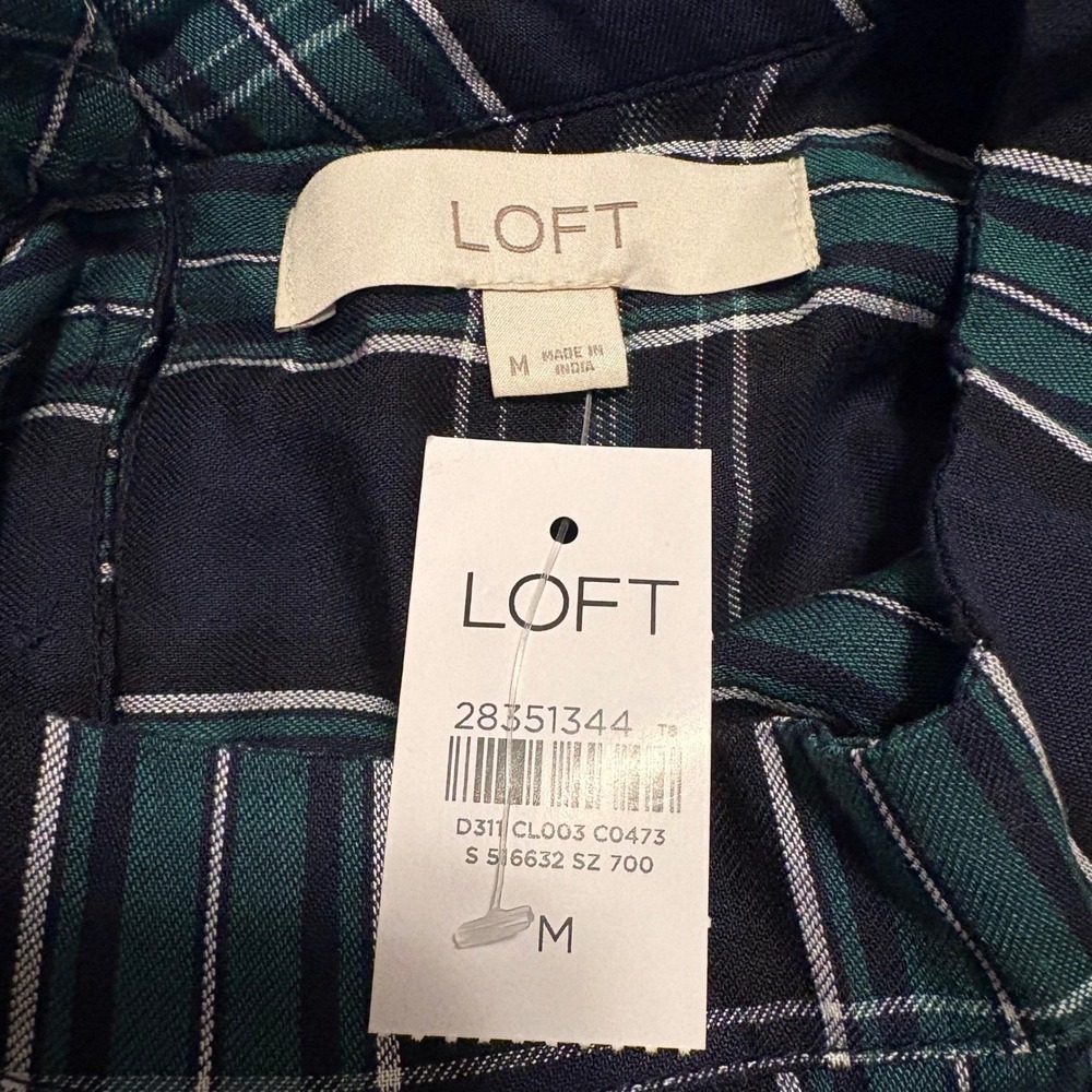 LOFT Womens Plaid Mock Neck Blouse Green Navy Blue Womens Size Medium NWT - Picture 6 of 7